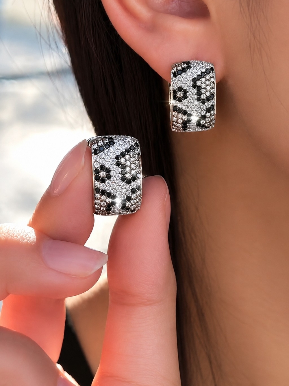 Sterling Silver Black & White Pave Huggie Earrings